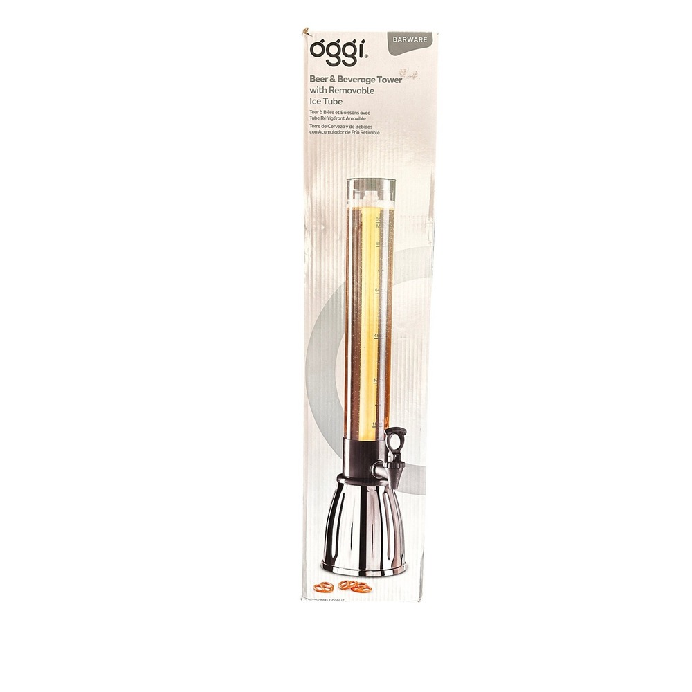 Oggi Beer and Beverage Tower with Removable Ice Tube 88oz Chrome Dispenser NEW